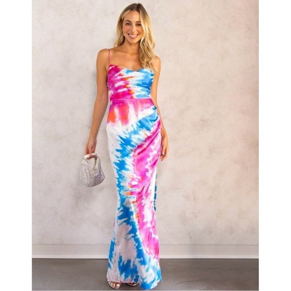 Retrofete Silk Marlene Cotton Candy Maxi Slip Dress Tie Dye Print High Slit M - Picture 2 of 16